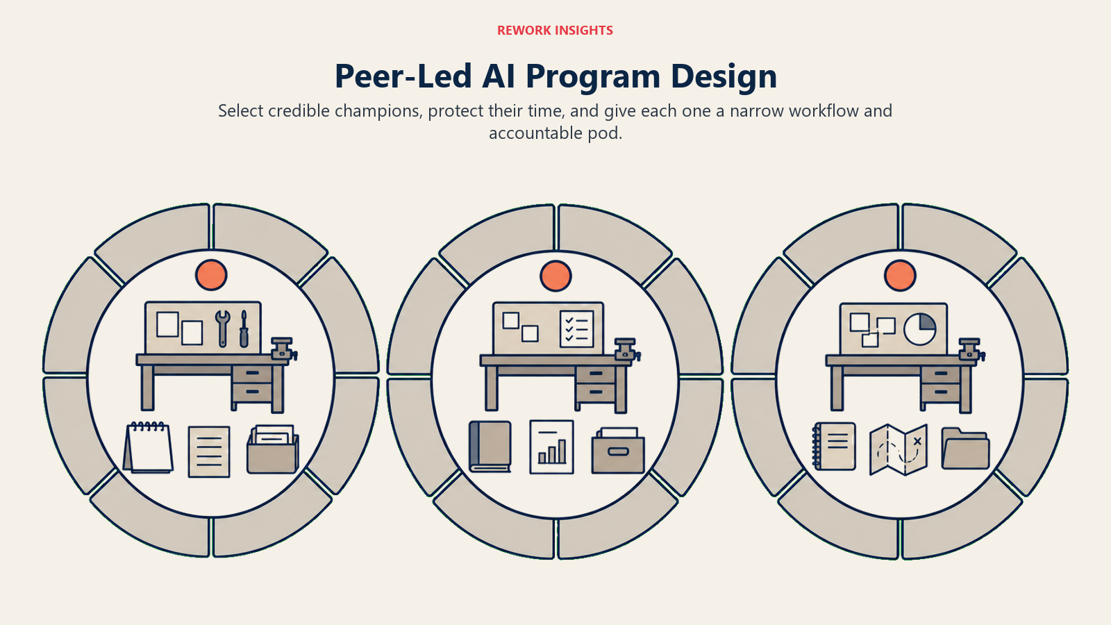 Peer-led AI program design using credible champions, protected time, narrow workflows, and accountable pods