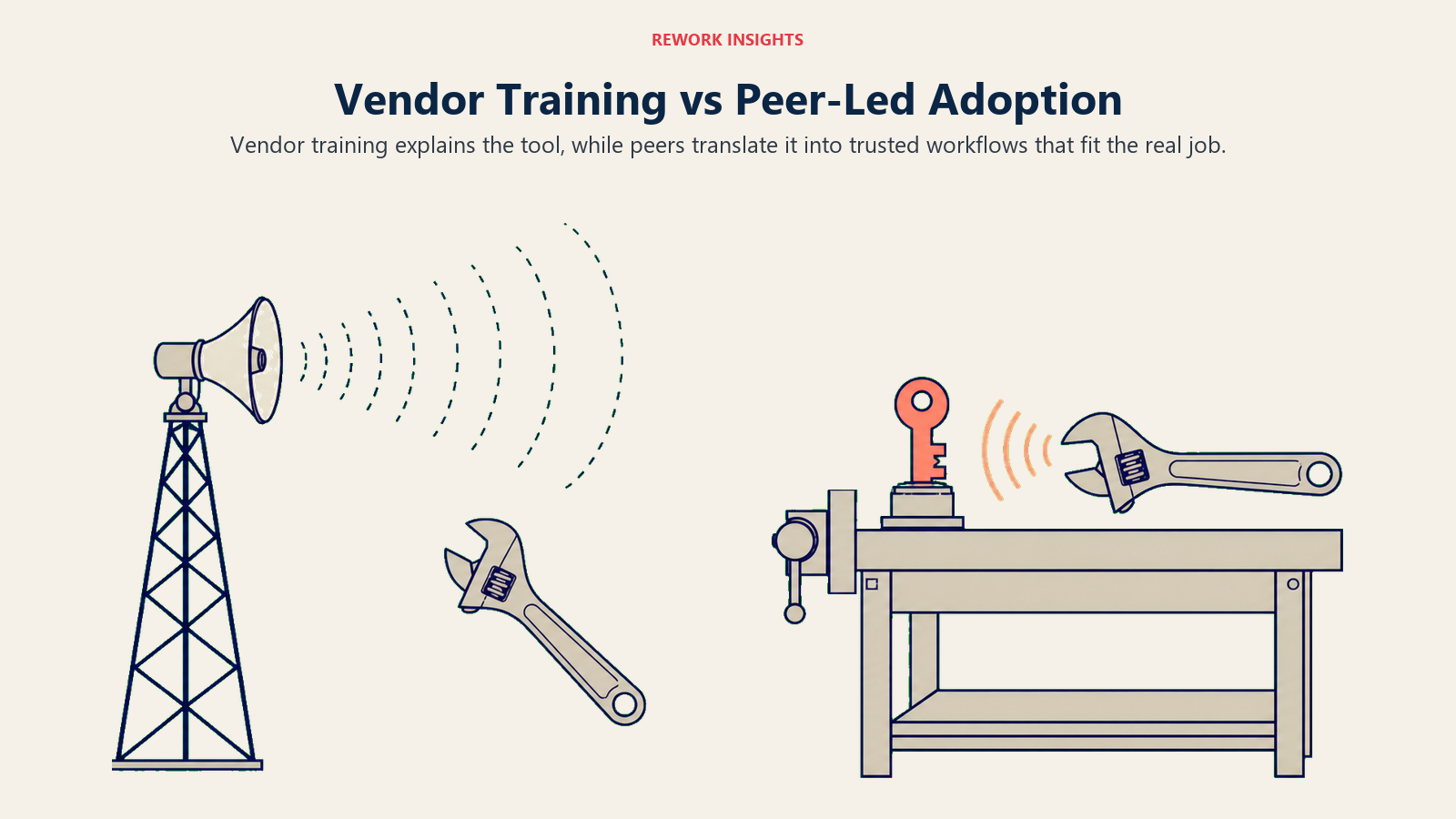 Vendor training compared with peer-led AI adoption through a weak broadcast and a fitted workflow key