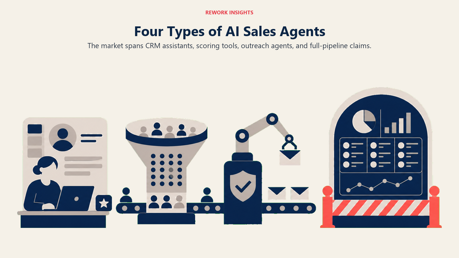 Four types of AI sales agents shown as distinct operating stations with increasing autonomy