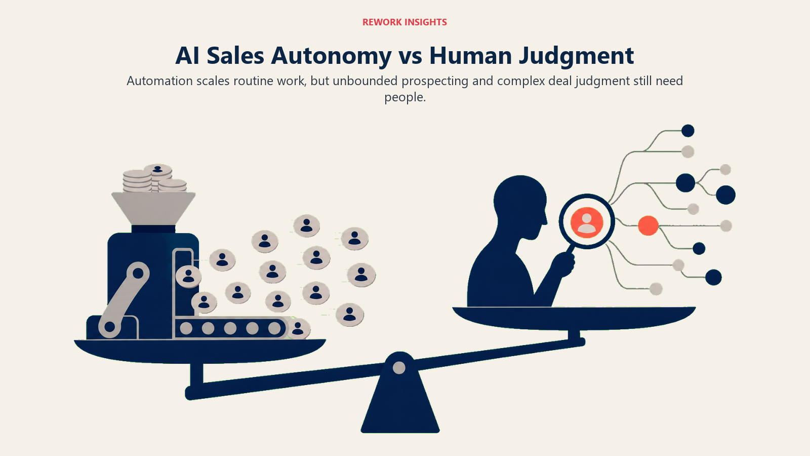 AI sales autonomy versus human judgment shown as an uneven balance between automated outreach and contextual deal review