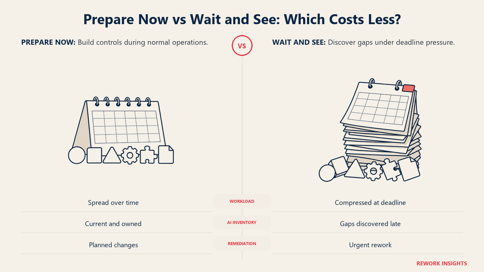 Prepare now versus wait and see for AI compliance, contrasting steady controls with a deadline backlog