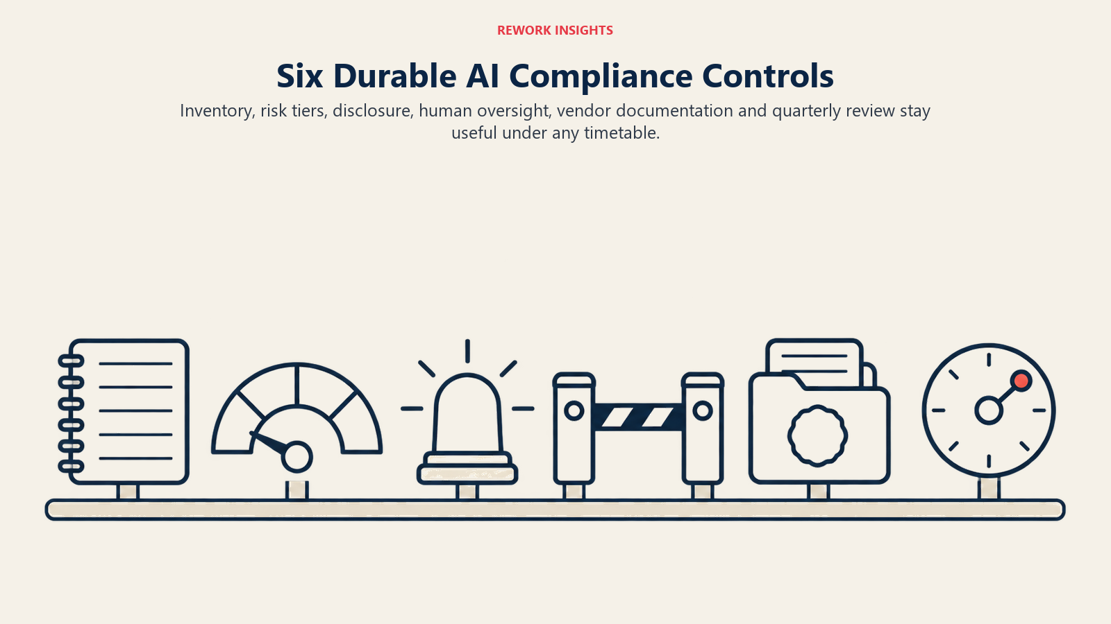 Six durable AI compliance controls represented by inventory, risk, disclosure, oversight, vendor records and review objects