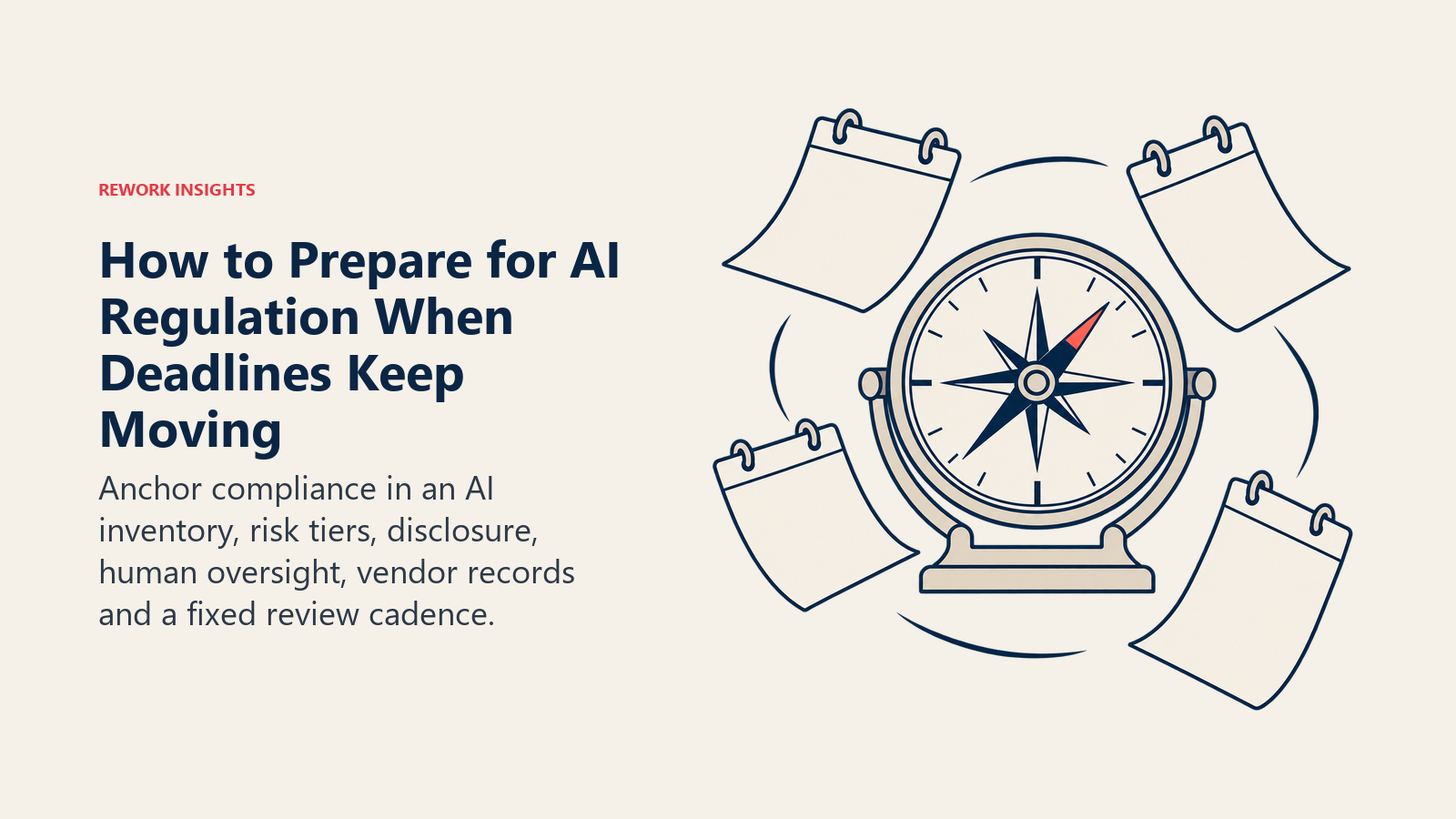 Stable AI compliance direction shown by a fixed compass beside moving calendar pages