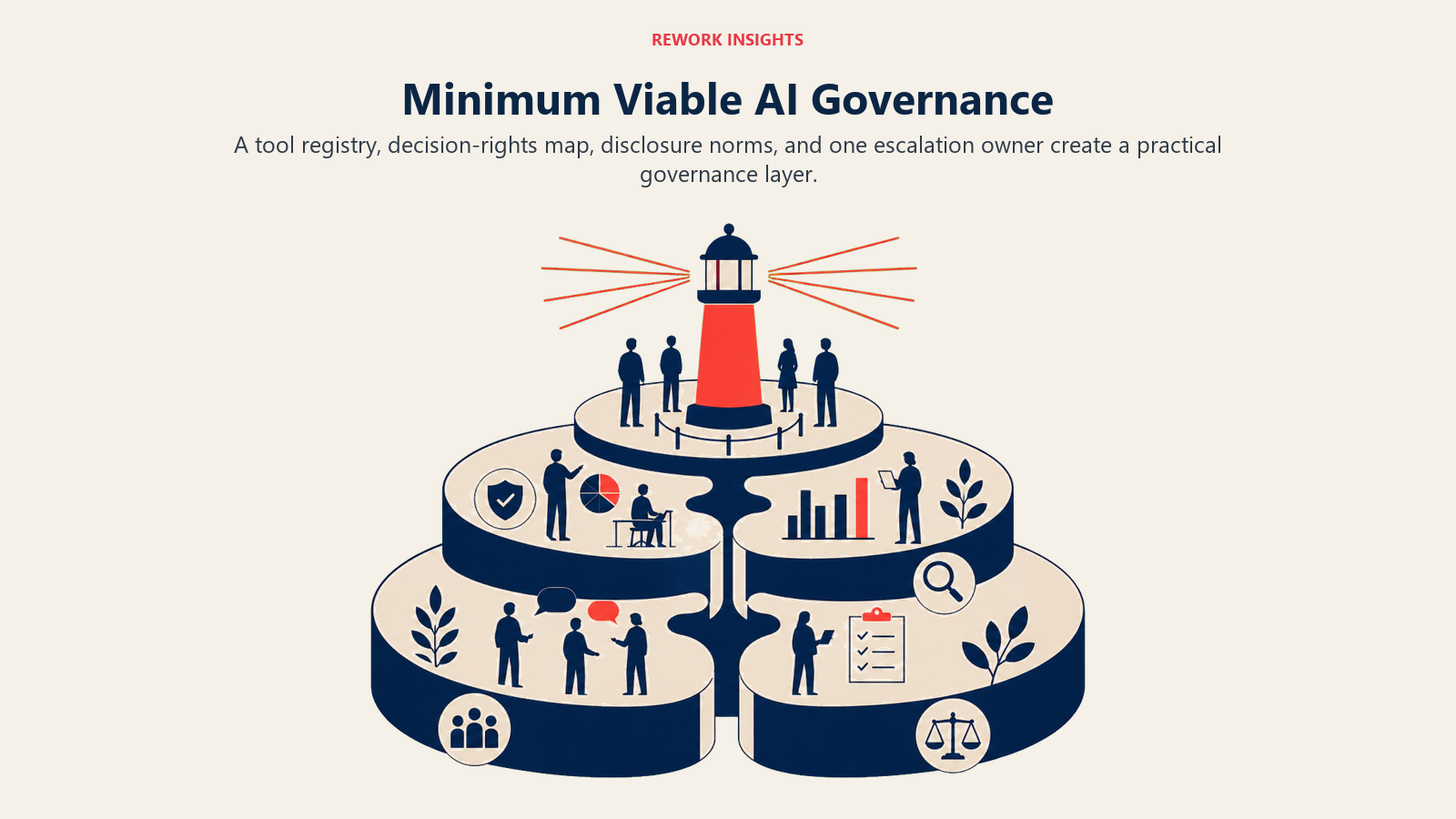 Minimum Viable AI Governance shown as Four broad interlocking governance layers supporting a coral accountability beacon