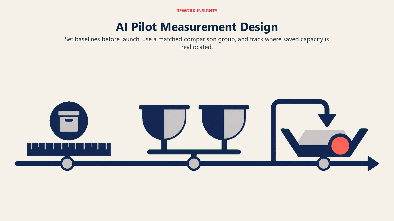 AI pilot measurement design with baselines, comparison groups, and capacity reallocation