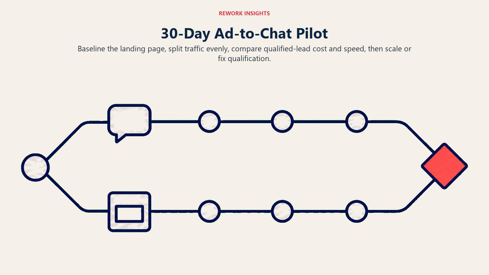 Thirty-day ad-to-chat pilot shown as equal parallel test tracks ending at a decision gate