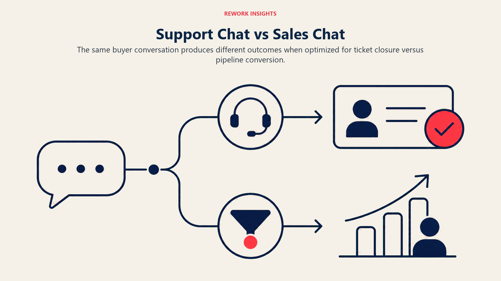 Support Chat vs Sales Chat shown as Two parallel outcomes from one incoming chat bubble: a closed support ticket versus a qualified pipeline opportunity