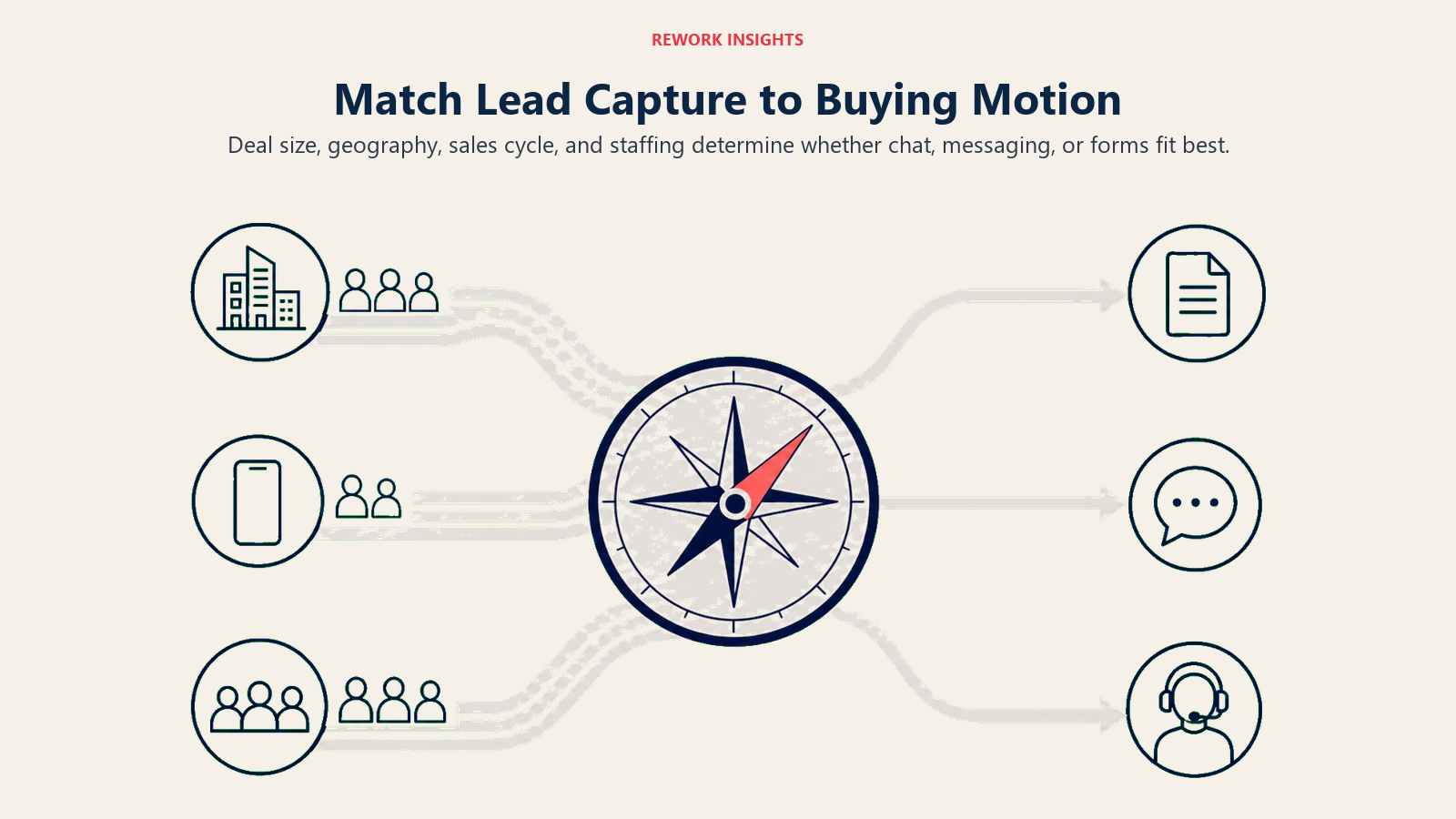 Buying-motion routing compass matching enterprise, mobile-first, and mid-market buyers to the right lead capture channel