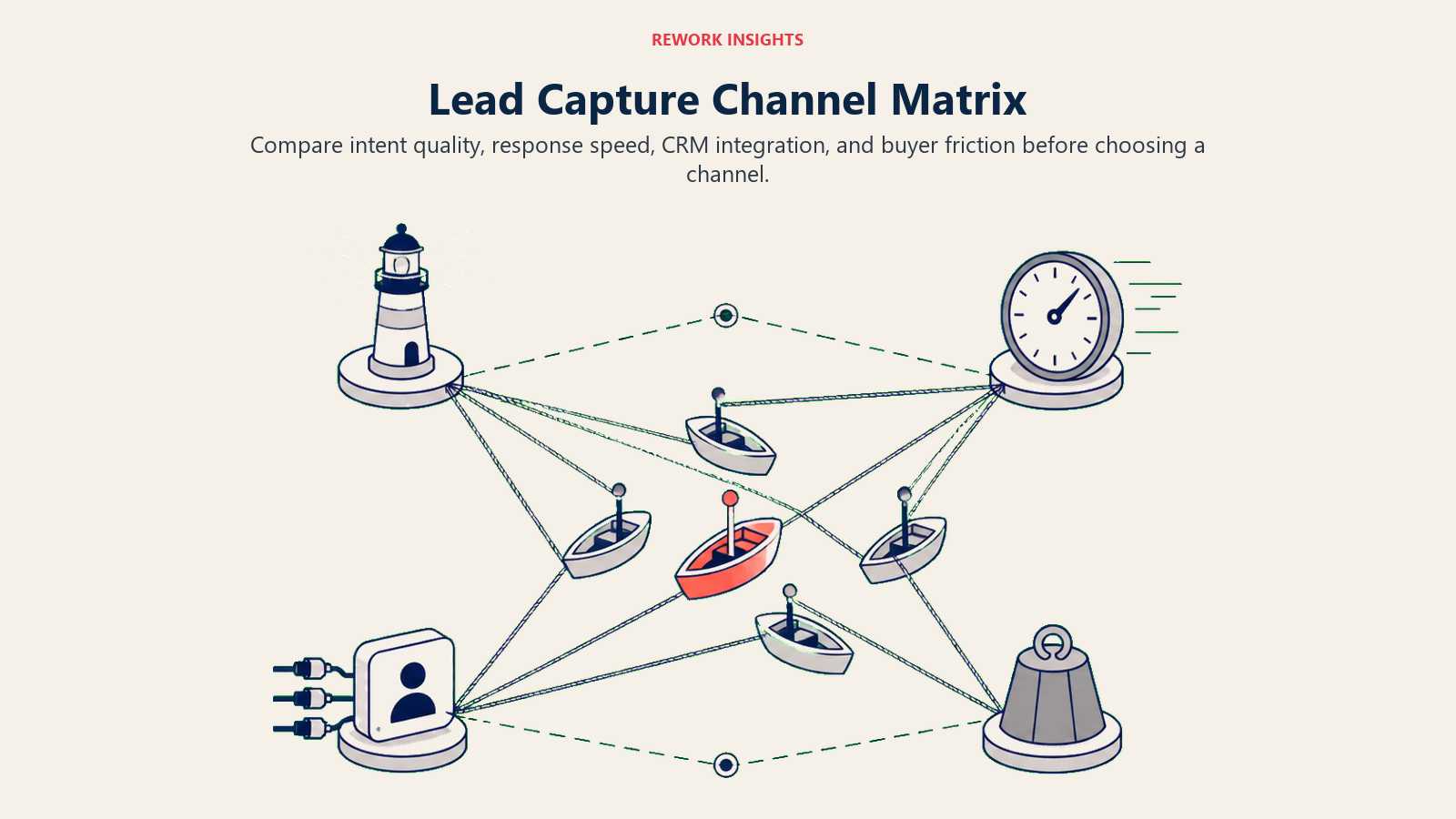 Lead Capture Channel Matrix comparing intent quality, response speed, CRM integration, and buyer friction