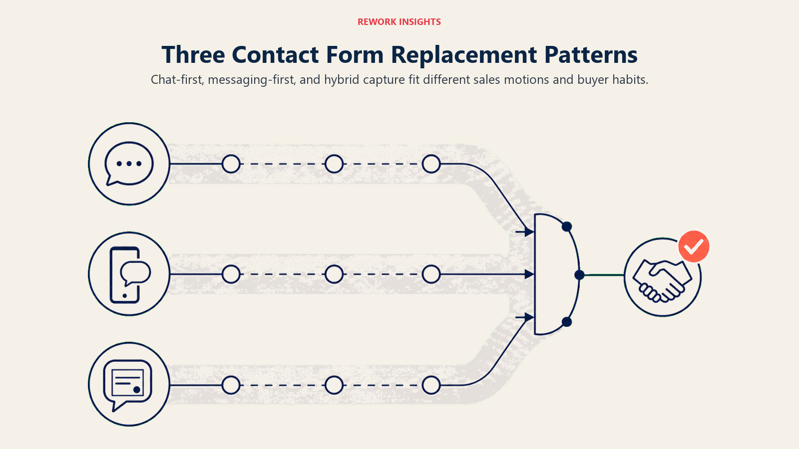 Three contact form replacement patterns: chat-first, messaging-first, and hybrid capture routed to CRM