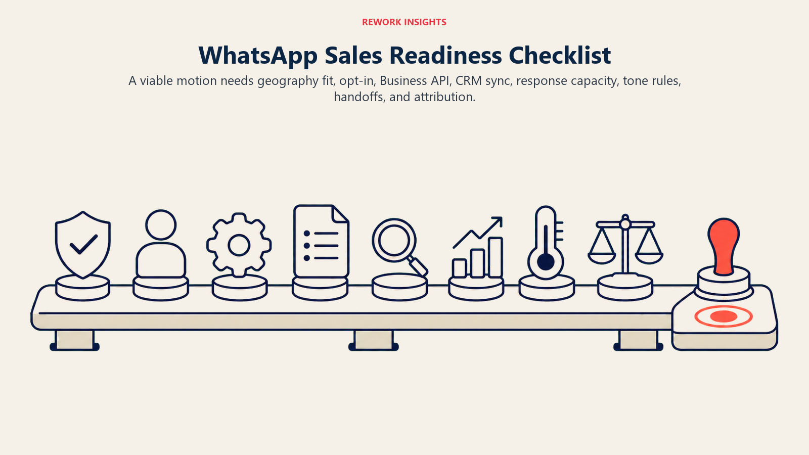WhatsApp Sales Readiness Checklist shown as Eight distinct readiness tokens on a wide orderly inspection bench with one coral approval stamp