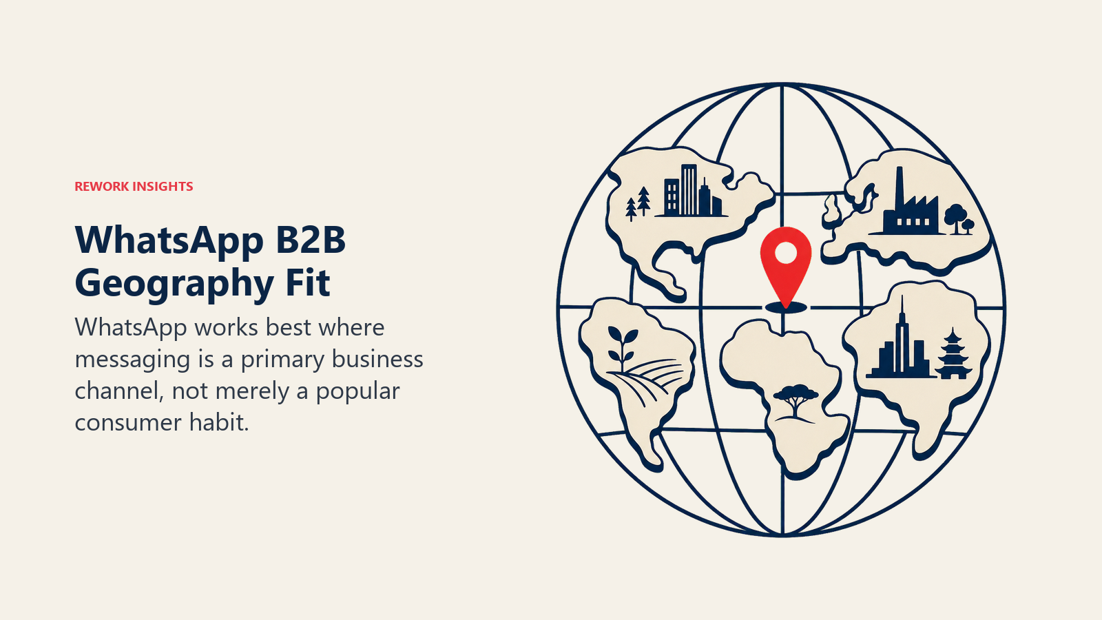 WhatsApp B2B Geography Fit shown as A globe-like lens highlighting several separated market regions with one coral business-message pin