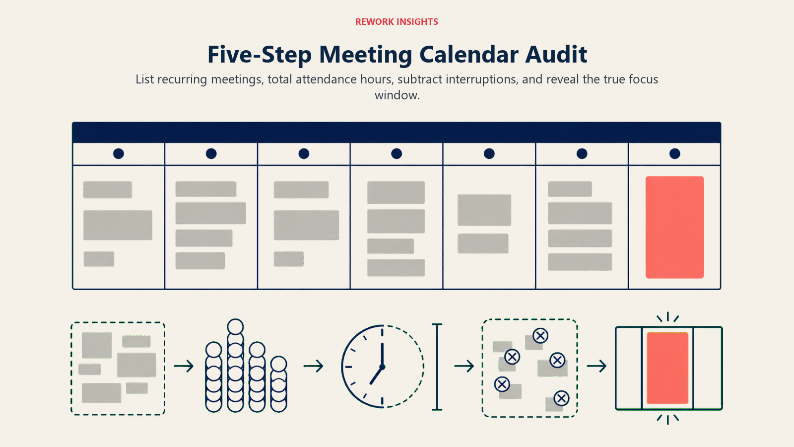 Five-step meeting calendar audit that reveals the true focus window after recurring meetings and interruptions