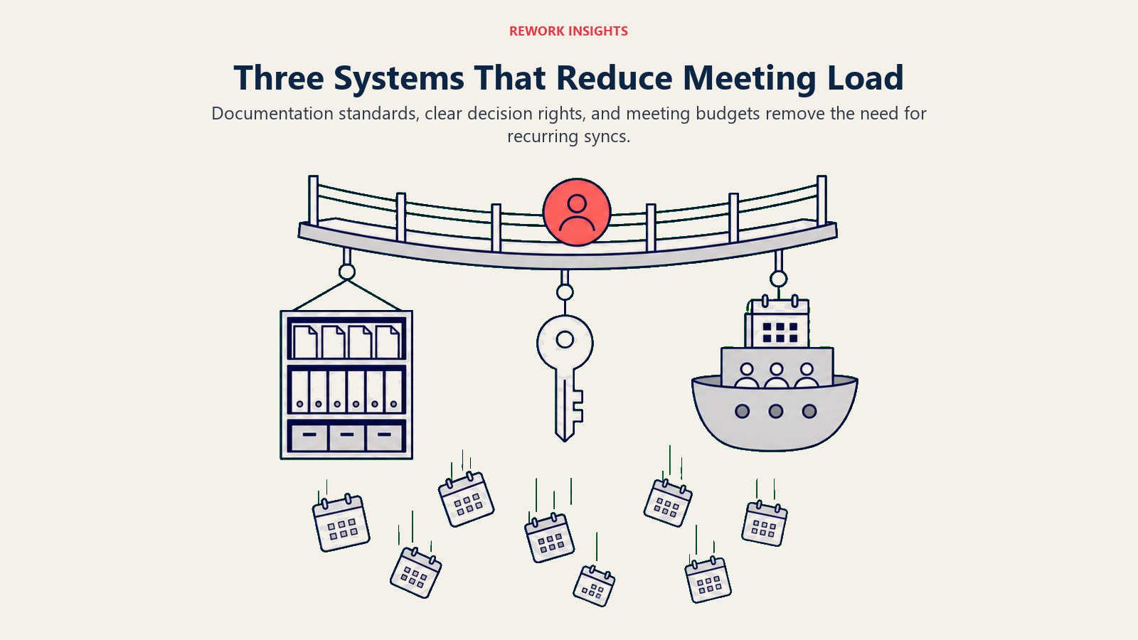 Three systems that reduce meeting load: documentation standards, decision rights, and meeting budgets