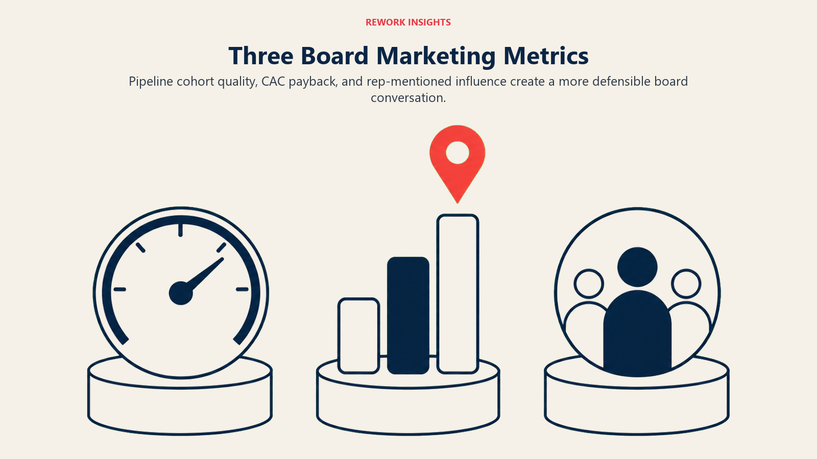 Three Board Marketing Metrics shown as Three executive measurement artifacts on separate pedestals with one coral board-decision marker