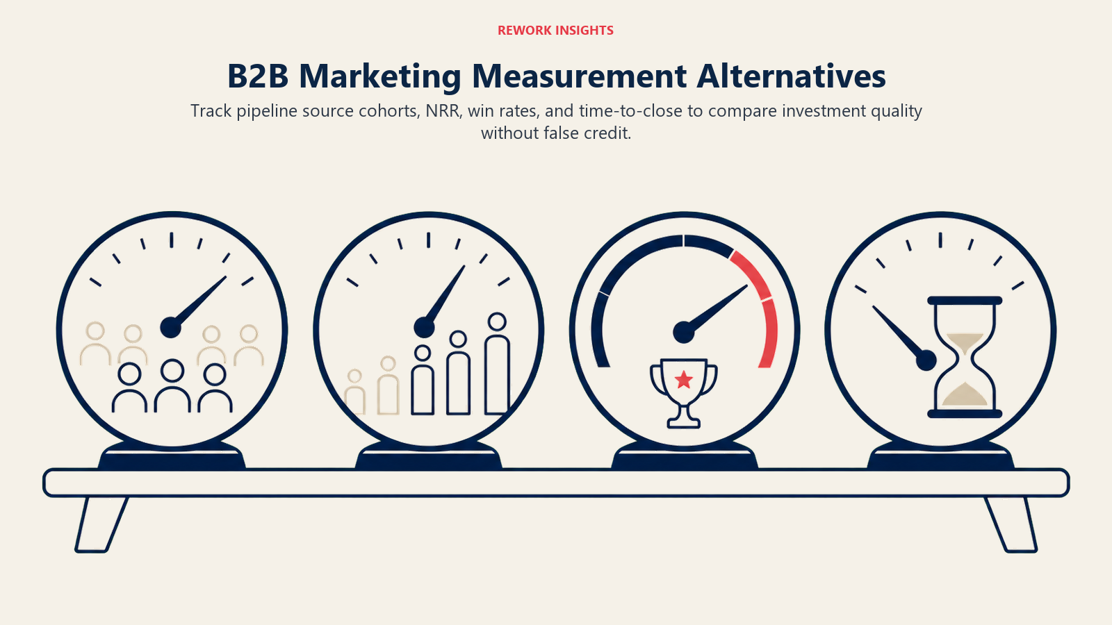 B2B Marketing Measurement Alternatives shown as Four wide measurement instruments for cohort quality, expansion, win rate, and cycle time on one restrained bench