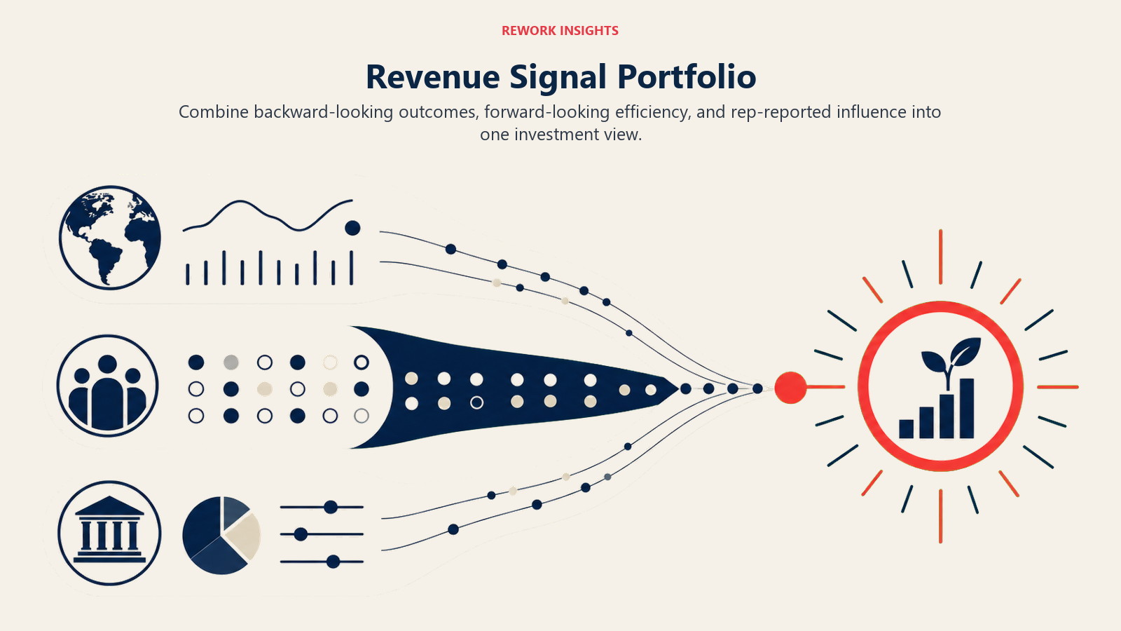 Revenue Signal Portfolio shown as Three broad signal layers converging into one coral investment-decision beacon