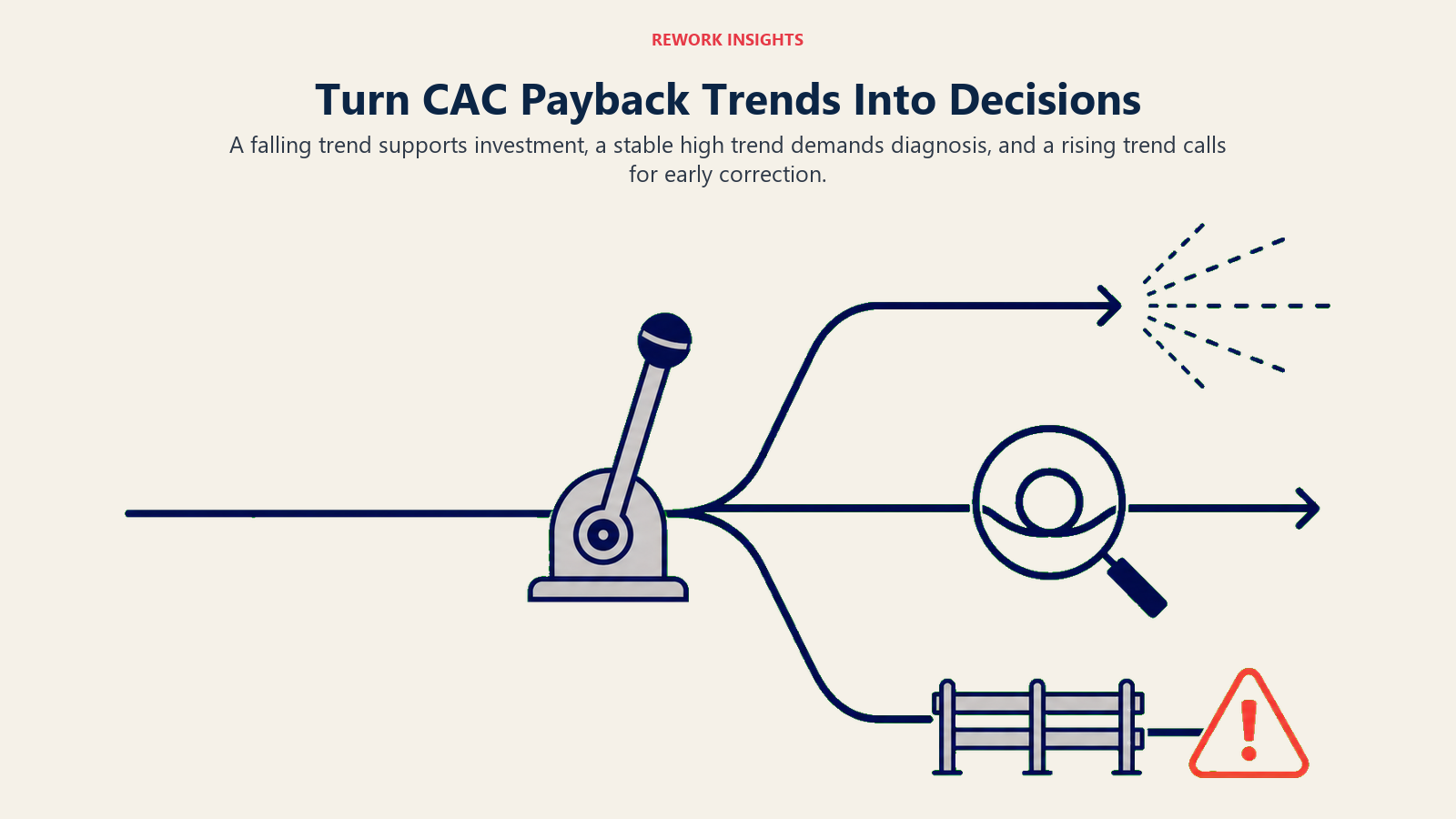 Three-way decision route for falling, stable, and rising CAC payback trends