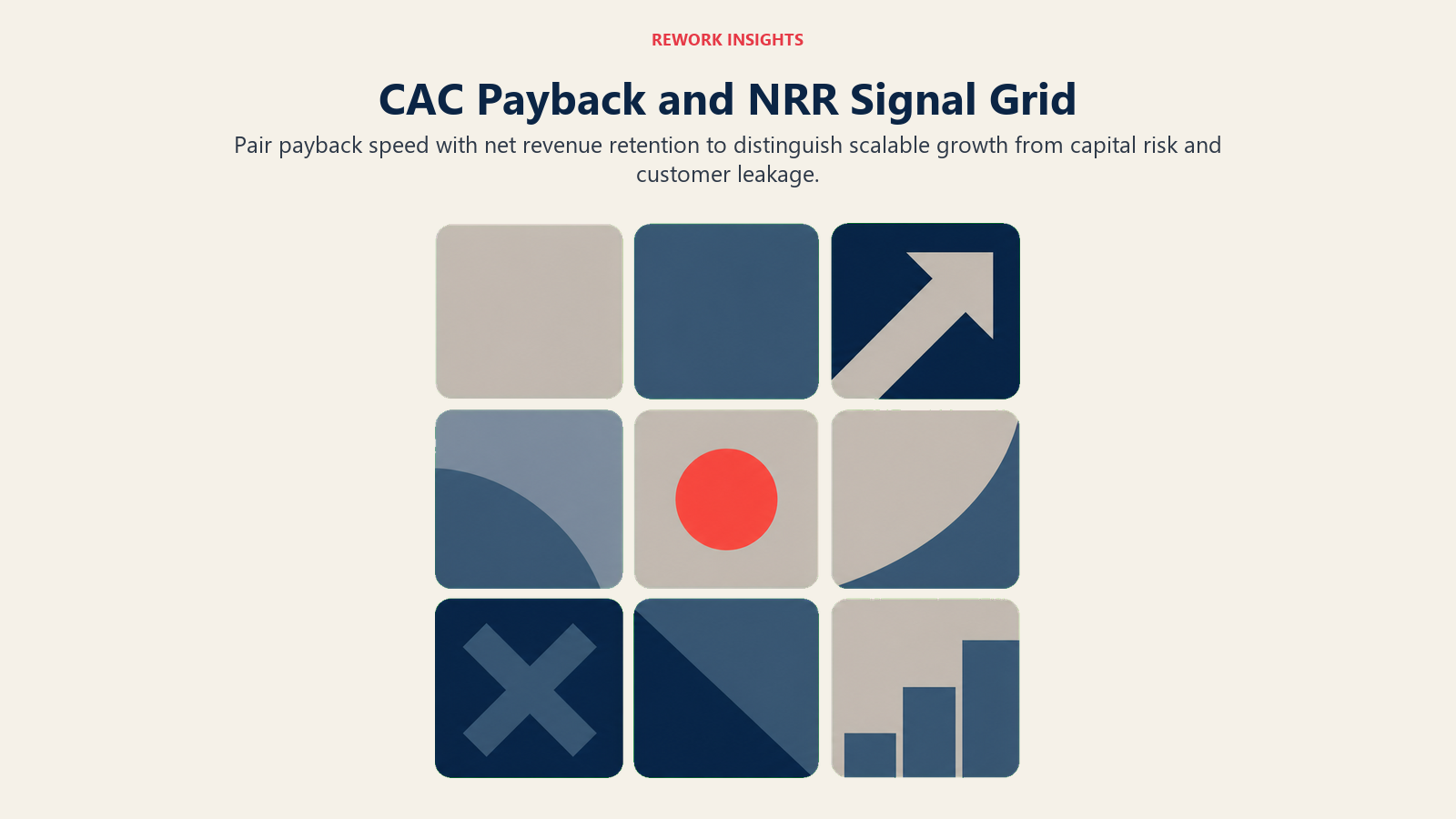 CAC payback and NRR signal grid showing scalable growth and capital risk zones