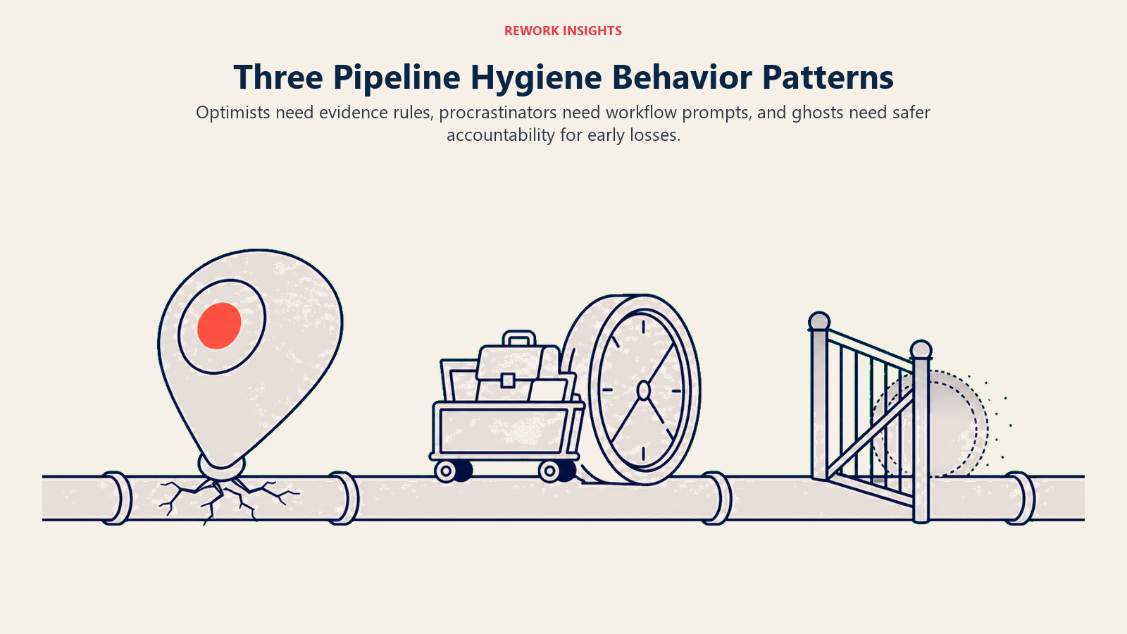 Three pipeline hygiene behavior patterns represented by optimism, delay, and ghosting artifacts