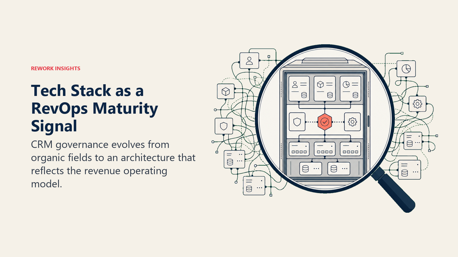 Tech stack as a RevOps maturity signal shown through a diagnostic lens that turns messy CRM connections into governed architecture