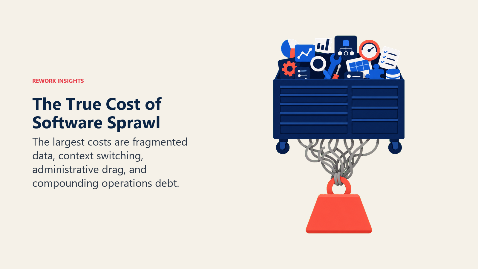 True cost of software sprawl shown as an overloaded tool cabinet with hidden operations debt
