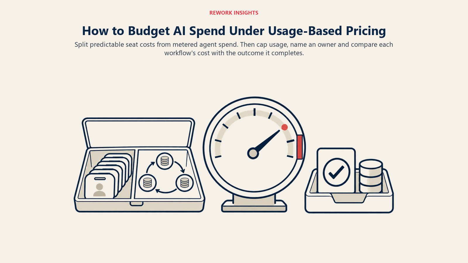 AI usage-based pricing budget system with a divided ledger, capped consumption gauge and completed-work cost check