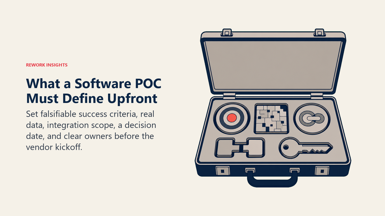 Software POC design brief containing success criteria, real data, integrations, timeline, and owners