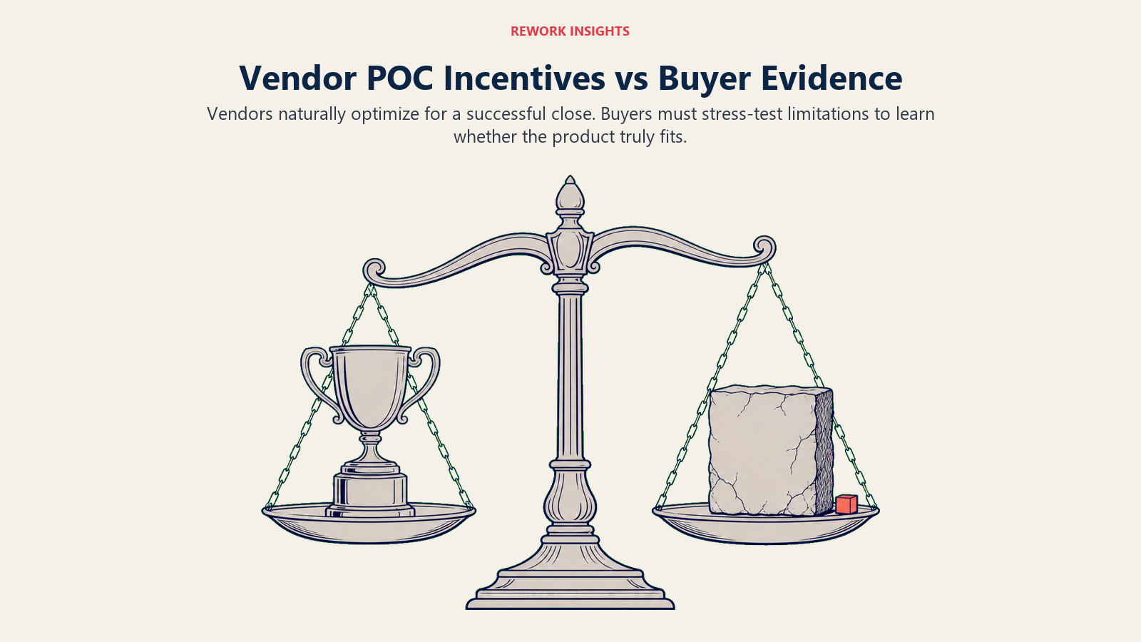Vendor POC close incentives contrasted with buyer evidence on a balance scale