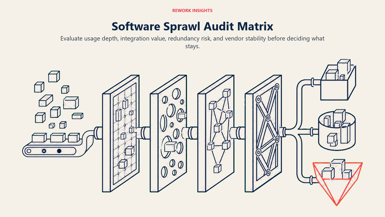 Software Sprawl Audit Matrix filtering tools by usage, integration value, redundancy risk, and vendor stability