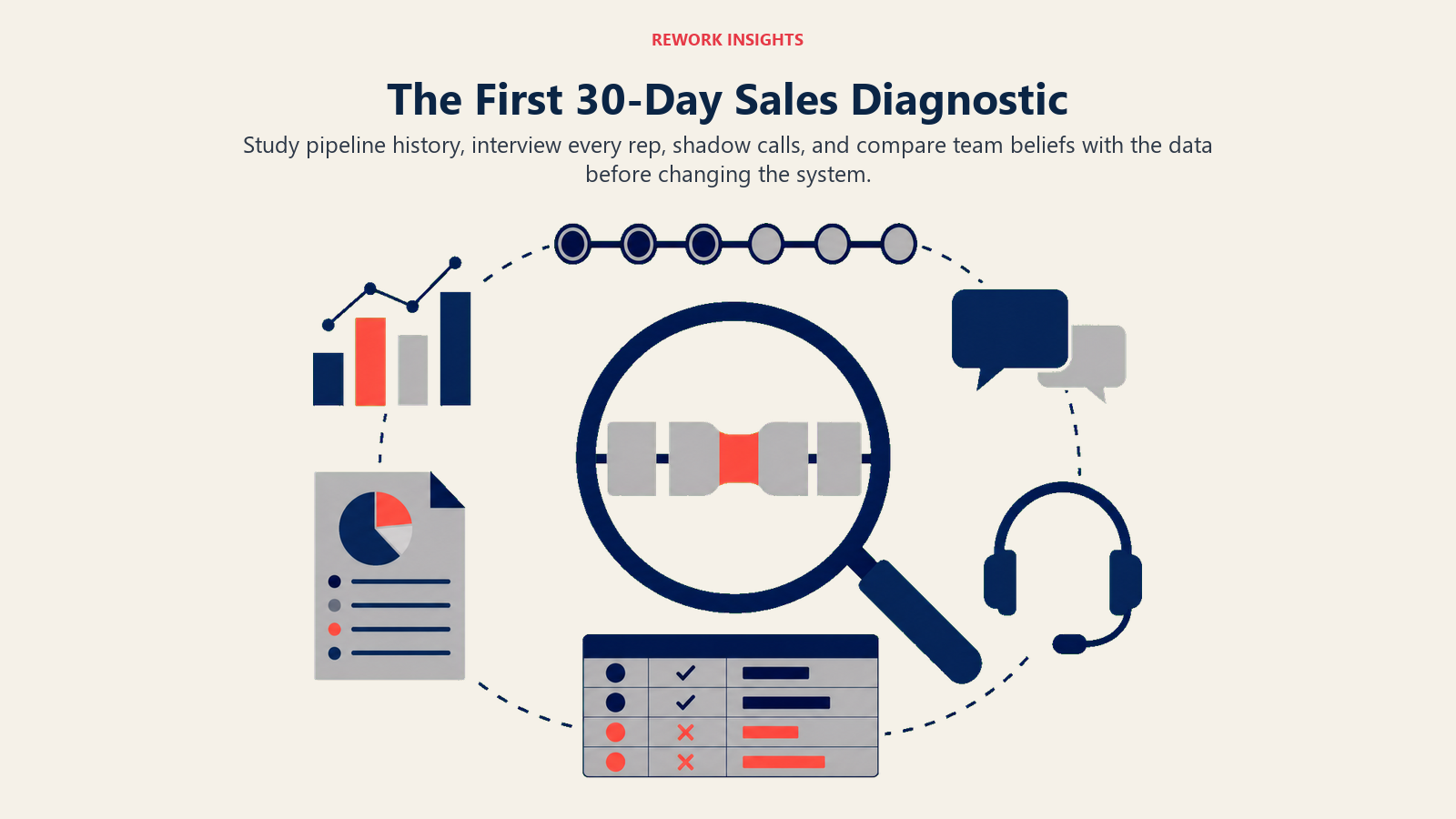 First 30-day sales diagnostic using pipeline history, rep interviews, call shadows, and win-loss evidence