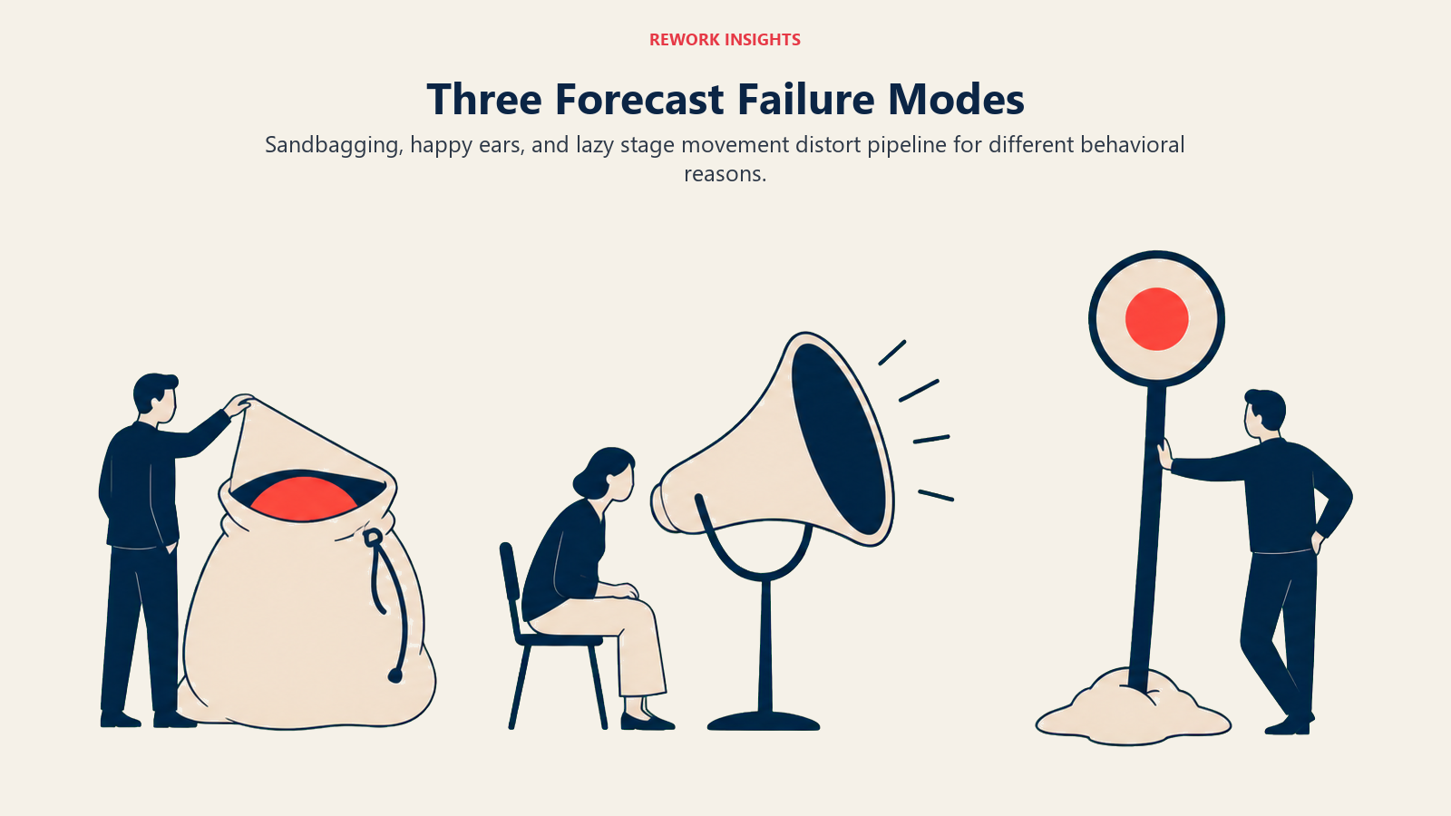 Three Forecast Failure Modes shown as Three forecast artifacts: a hidden reserve bag, an over-amplifying listening horn, and a stuck stage marker