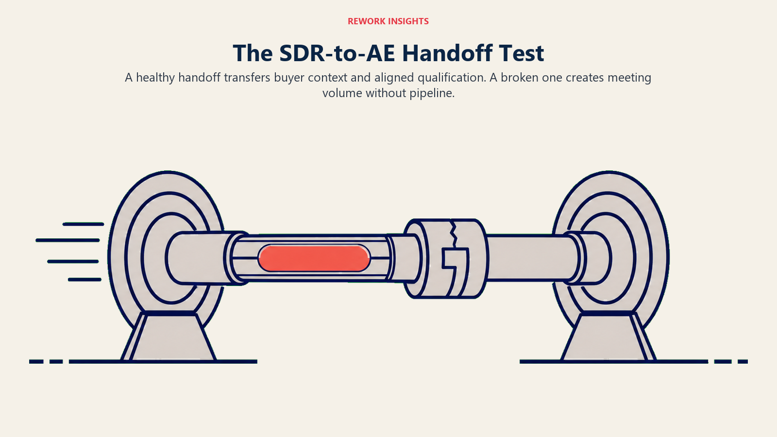 SDR-to-AE handoff test shown as buyer context crossing a relay coupling