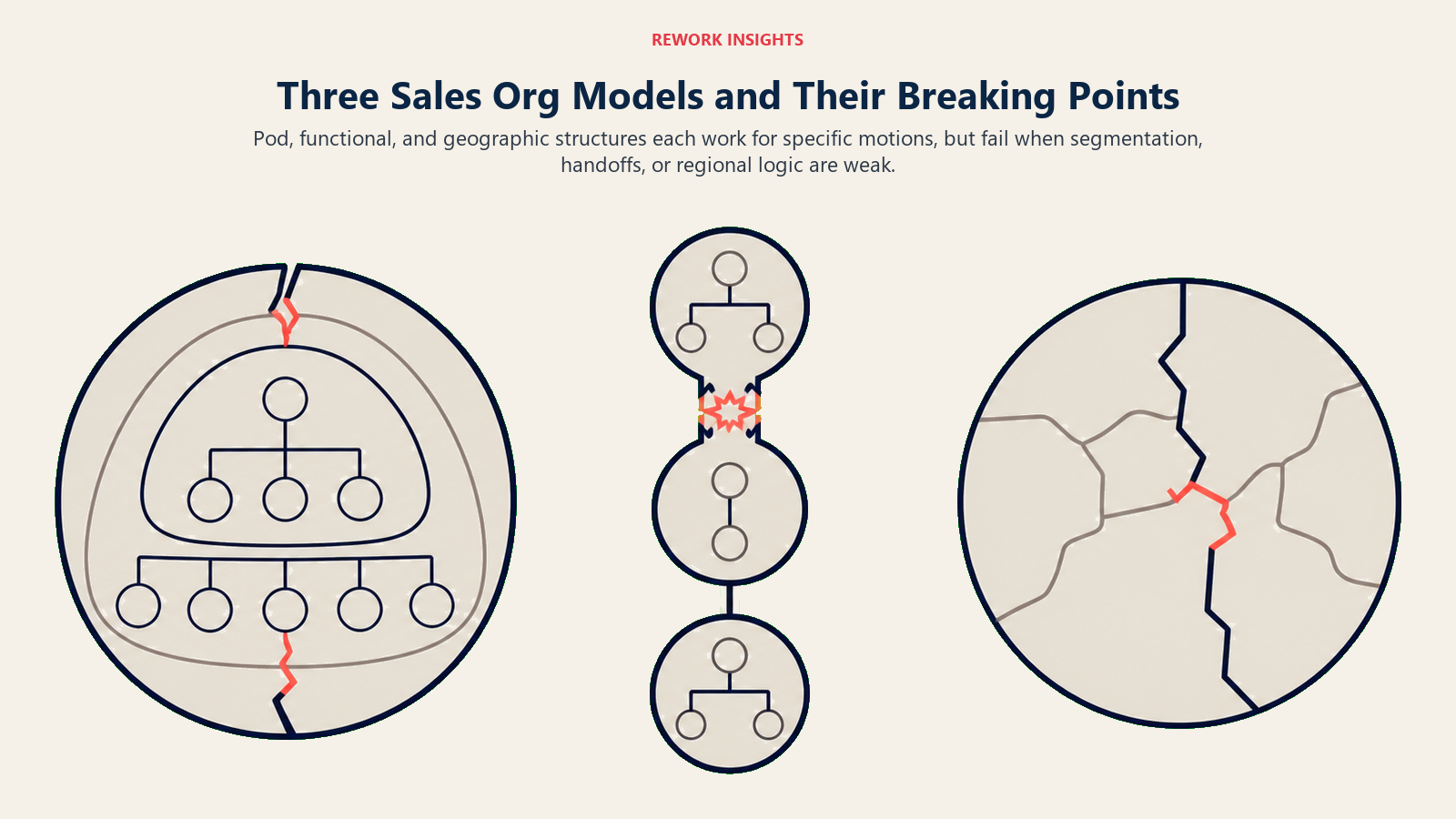 Pod, functional, and geographic sales org models with their structural breaking points
