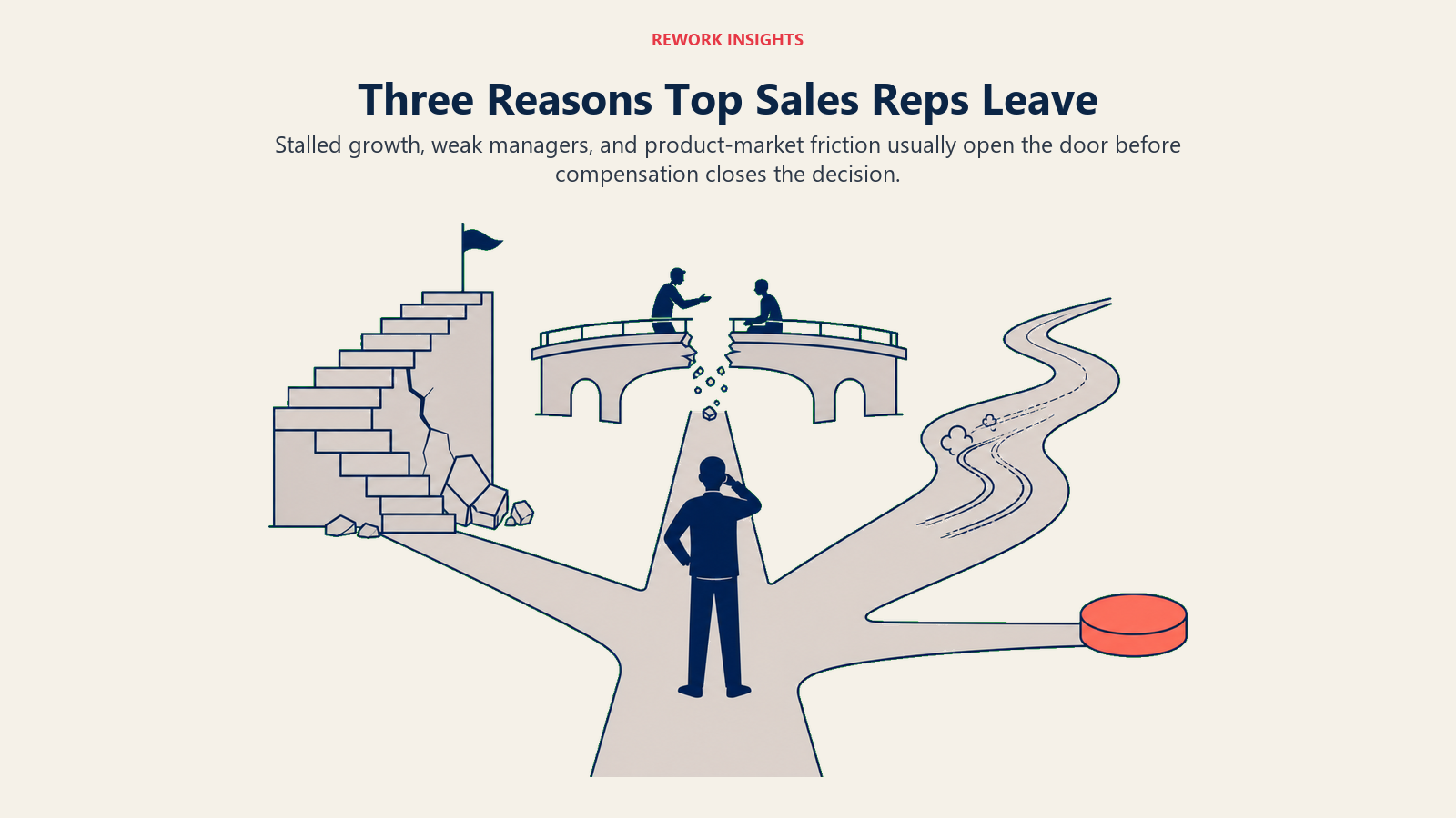 Three reasons top sales reps leave shown as blocked growth, weak manager support, and product-market friction leading toward an exit