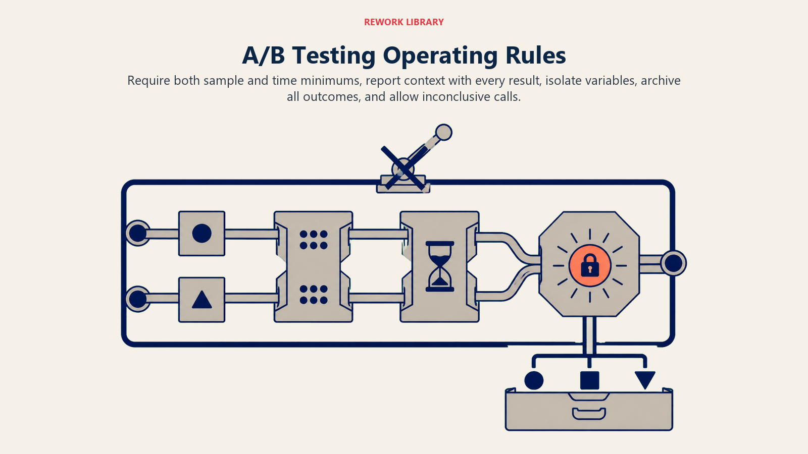A/B testing rules showing both variants held behind shared sample-size and time gates before any result