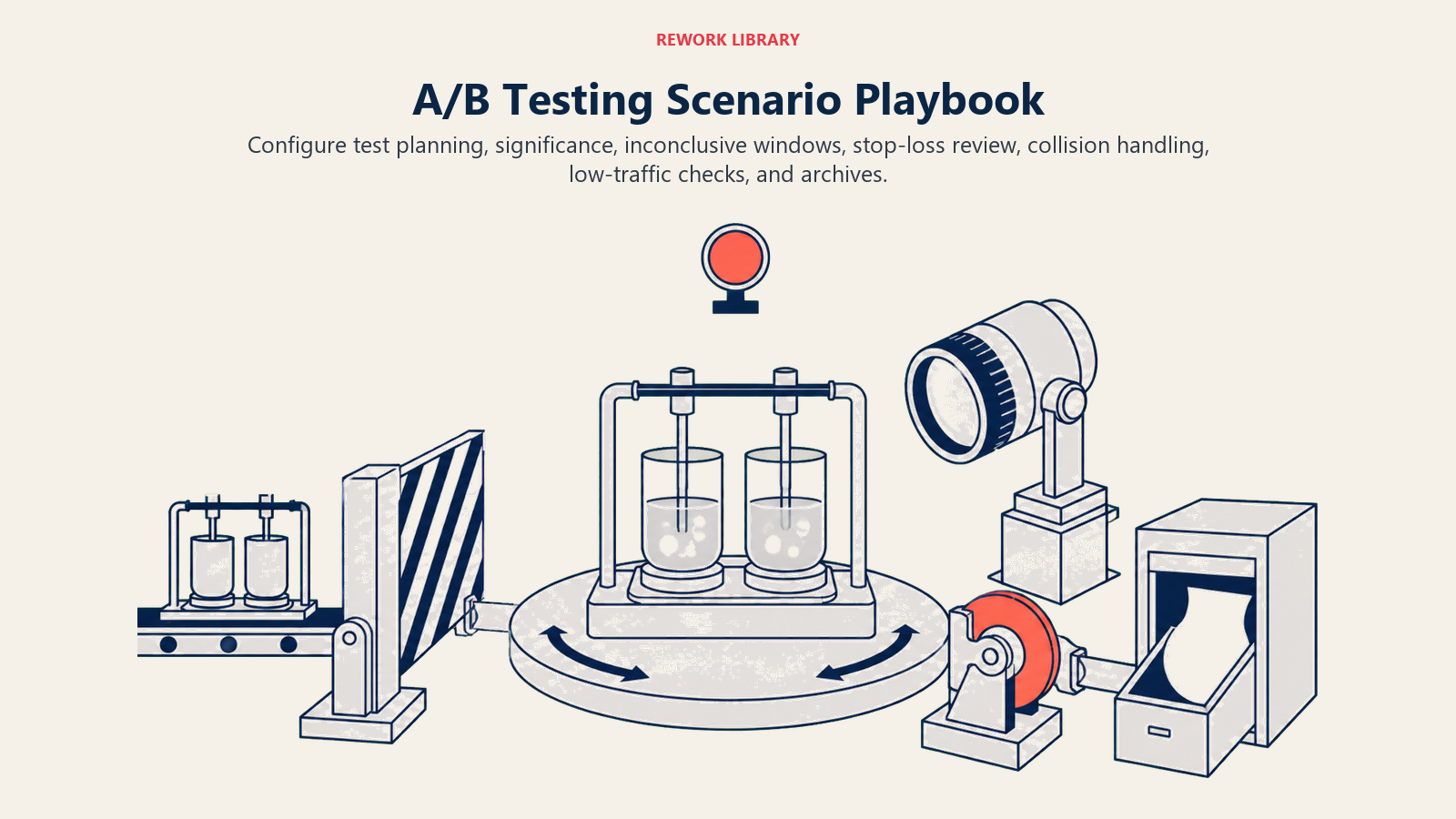 A/B testing scenarios managed on an experiment bench with collision check, low-traffic amplifier, stop-loss brake, and archive