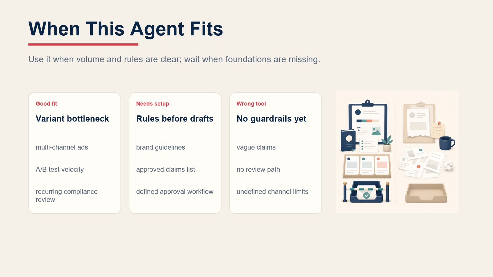 Ad copy agent deployment fit comparison for variant bottlenecks, setup requirements, and missing guardrails