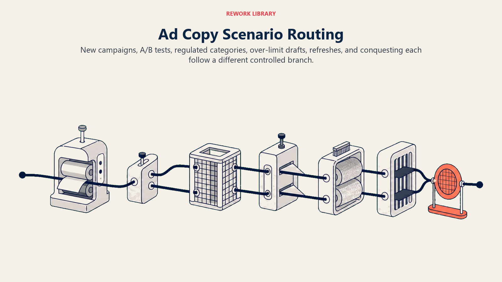 Ad copy scenario router for campaign drafts, tests, compliance, trimming, and refreshes