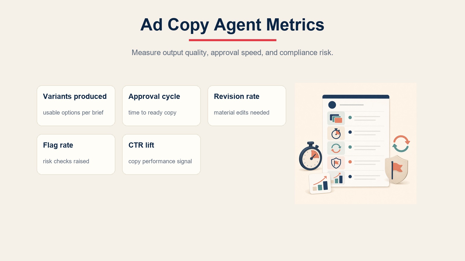 Ad copy agent metrics scorecard for variants produced, approval cycle, revision rate, flag rate, and CTR lift