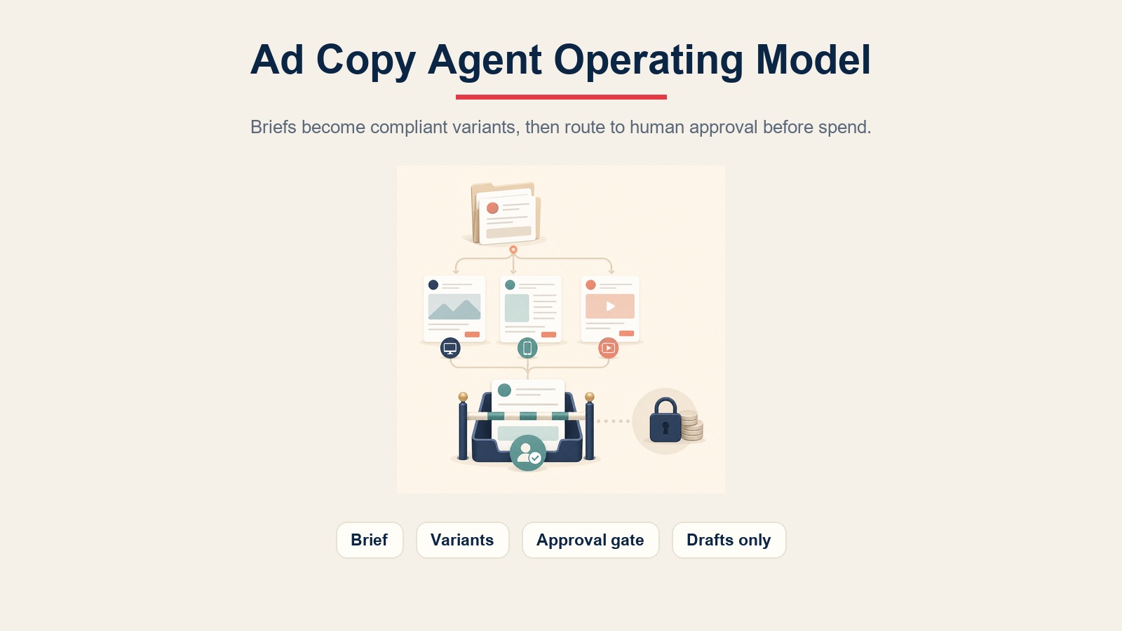 Ad copy agent operating model showing campaign brief, copy variants, approval gate, and drafts-only workflow