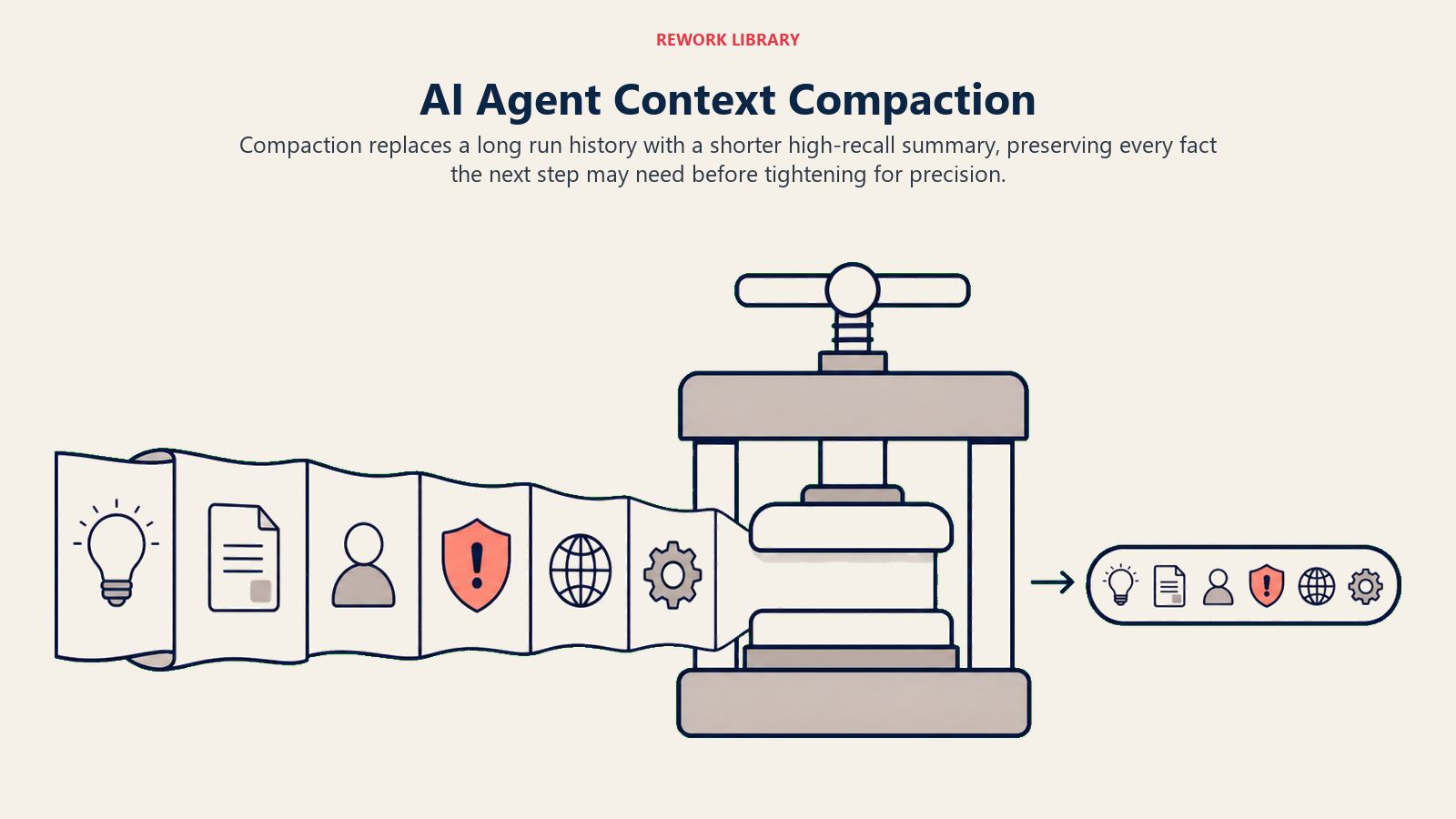 AI Agent Context Compaction shown as a long task history pressed into a high-recall summary capsule