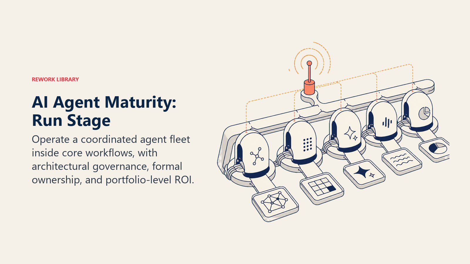 AI Agent Maturity Run Stage with an orchestrated fleet embedded in an operating backbone
