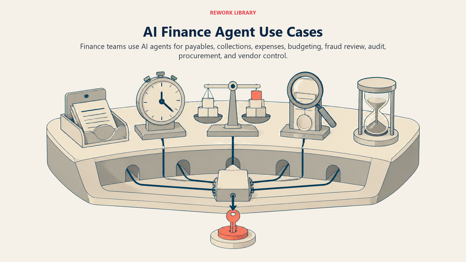 AI finance agent use cases shown as payables, collections, budgeting, audit, and vendor controls on a finance worktable