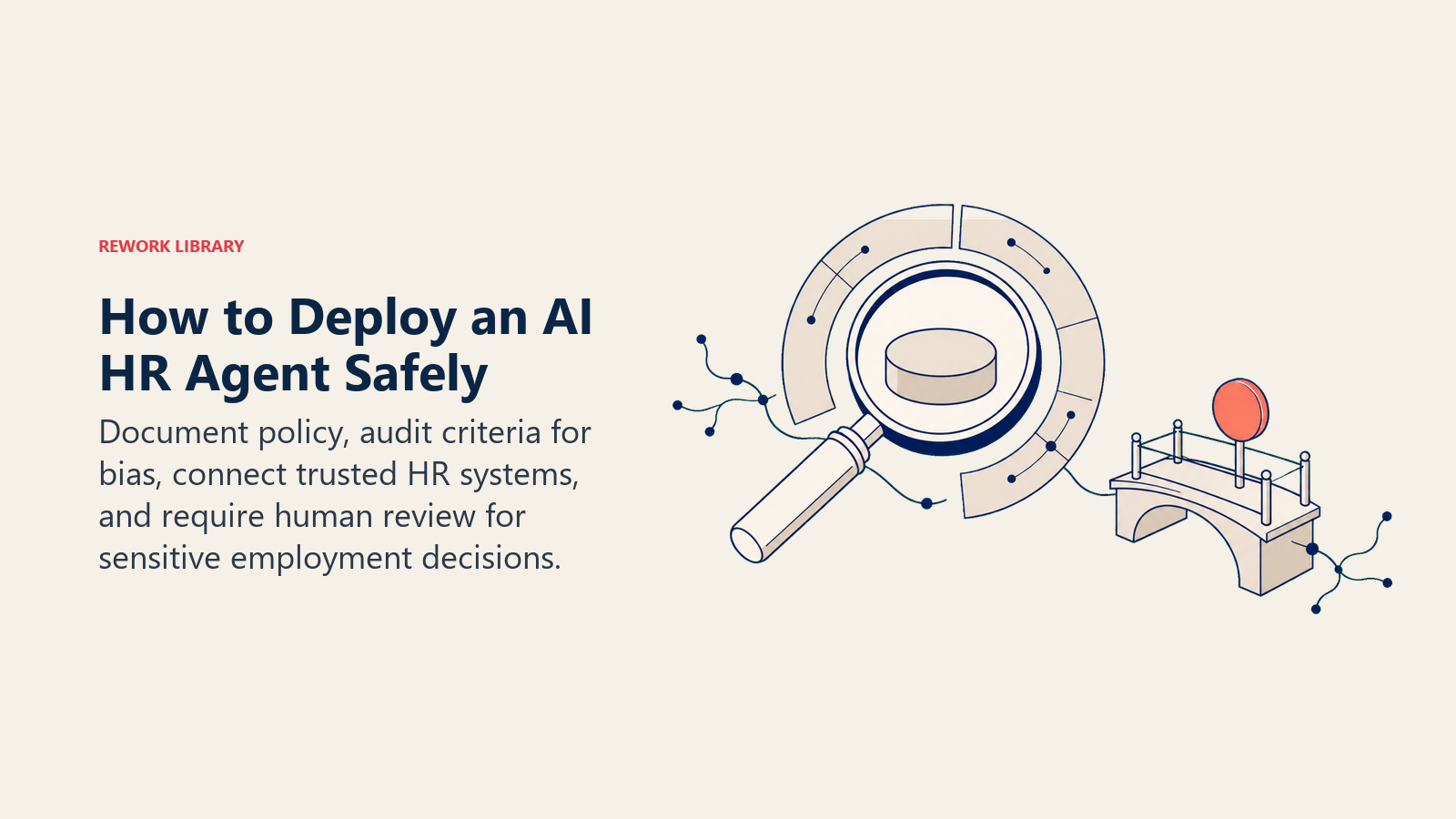 Safe AI HR agent deployment shown as a policy lens, bias calibration ring, and protected human review bridge
