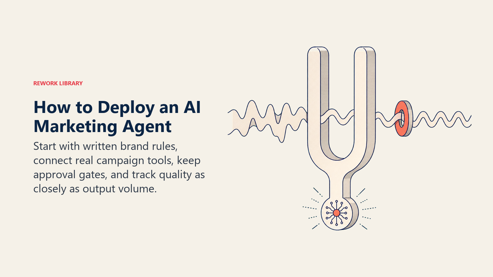 AI marketing agent deployment shown as a brand tuning fork aligning campaign signals before an approval gate