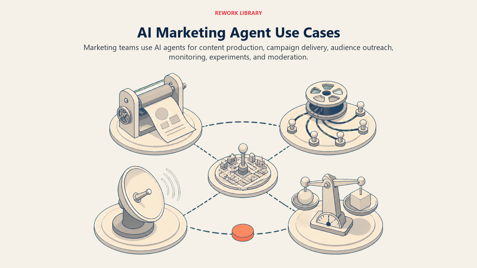 AI marketing agent use cases shown as production, distribution, listening, and experiment stations in a campaign studio