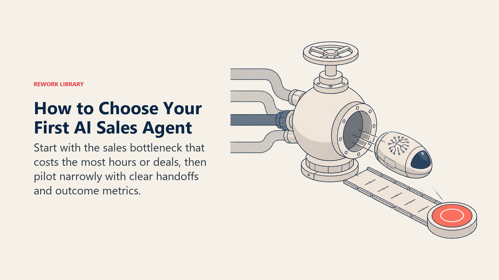 Choosing a first AI sales agent shown as a bottleneck pressure valve releasing a narrow measured pilot
