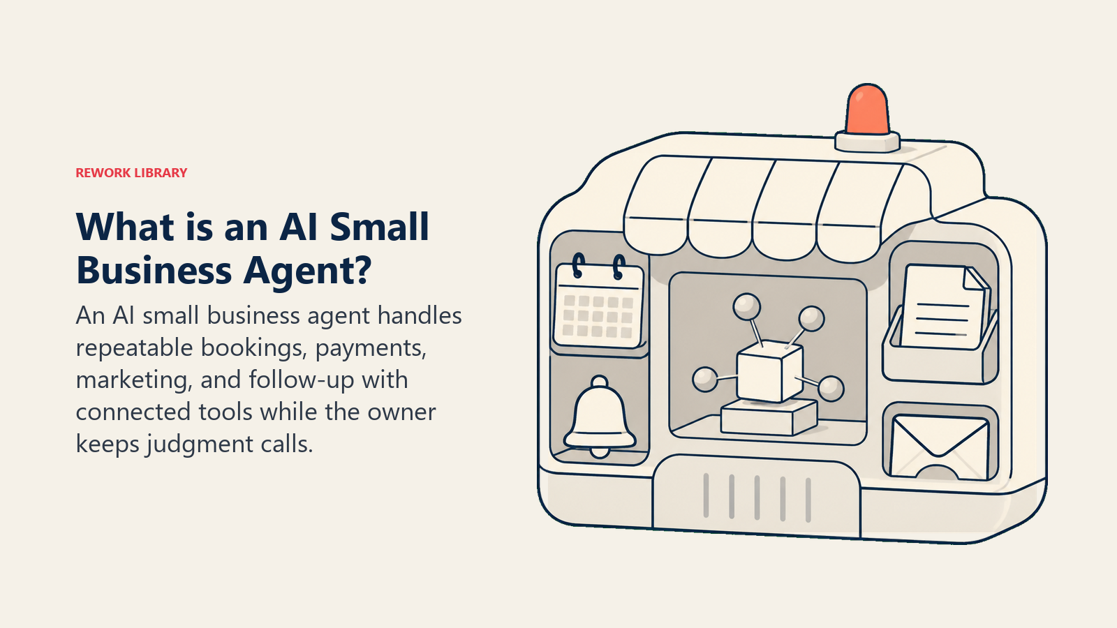 What is an AI Small Business Agent shown as a storefront tool caddy for bookings, invoices, and customer messages
