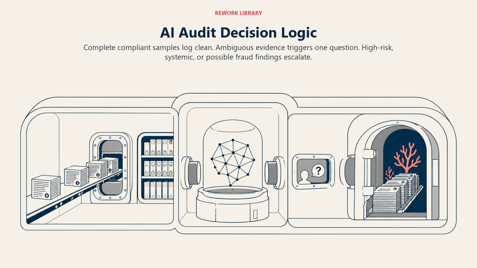 AI audit decision logic showing clean control tests, one evidence question, and escalation for high-risk findings